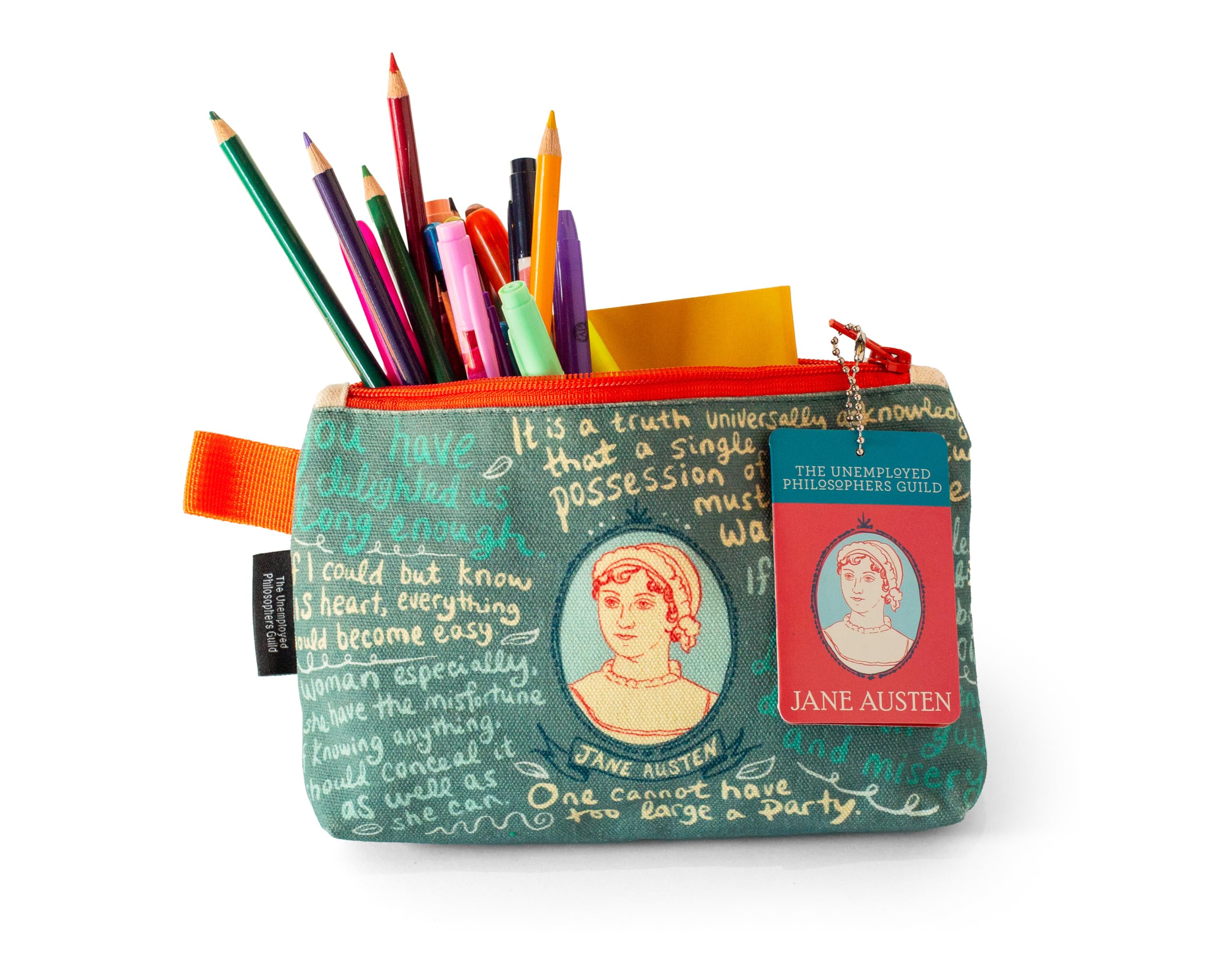 The Unemployed Philosophers Guild Jane Austen Bag 5x9 fits backpacks for travel.