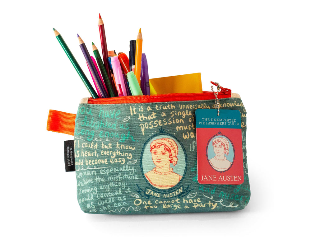 The Unemployed Philosophers Guild Jane Austen Bag 5x9 fits backpacks for travel.
