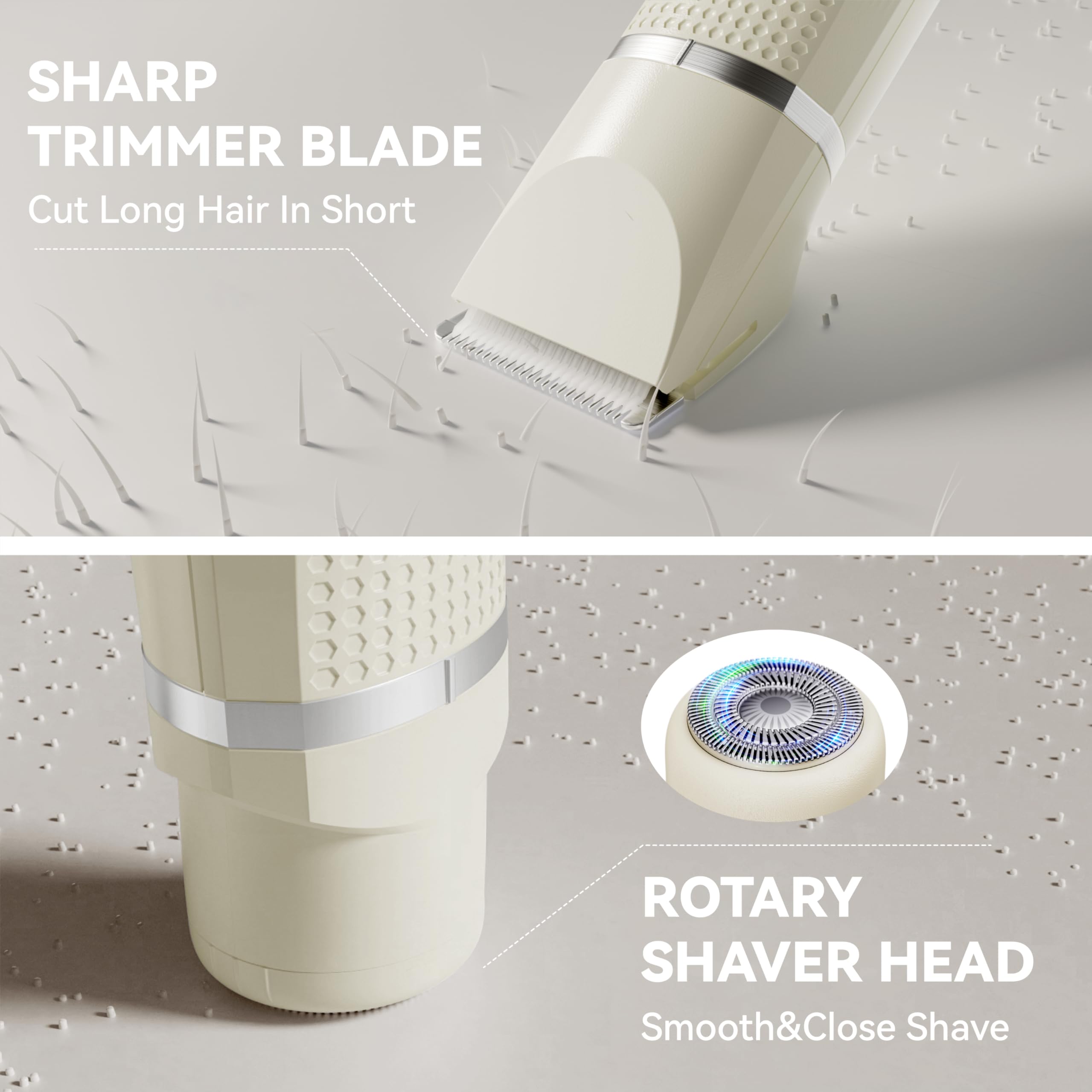 Unibono round-rotary-shaver-head delivers close shave for quick body hair removal.