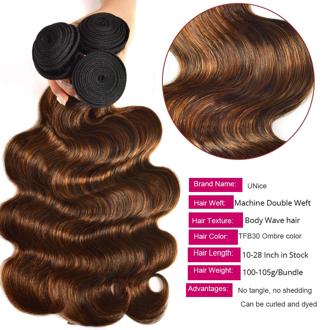 UNICE brown highlight body wave 20-inch bundle for dramatic length and soft movement.
