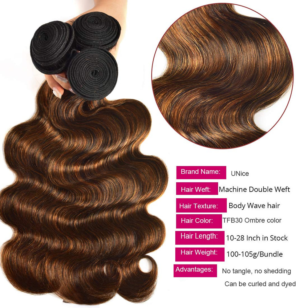 UNICE brown highlight body wave 20-inch bundle for dramatic length and soft movement.