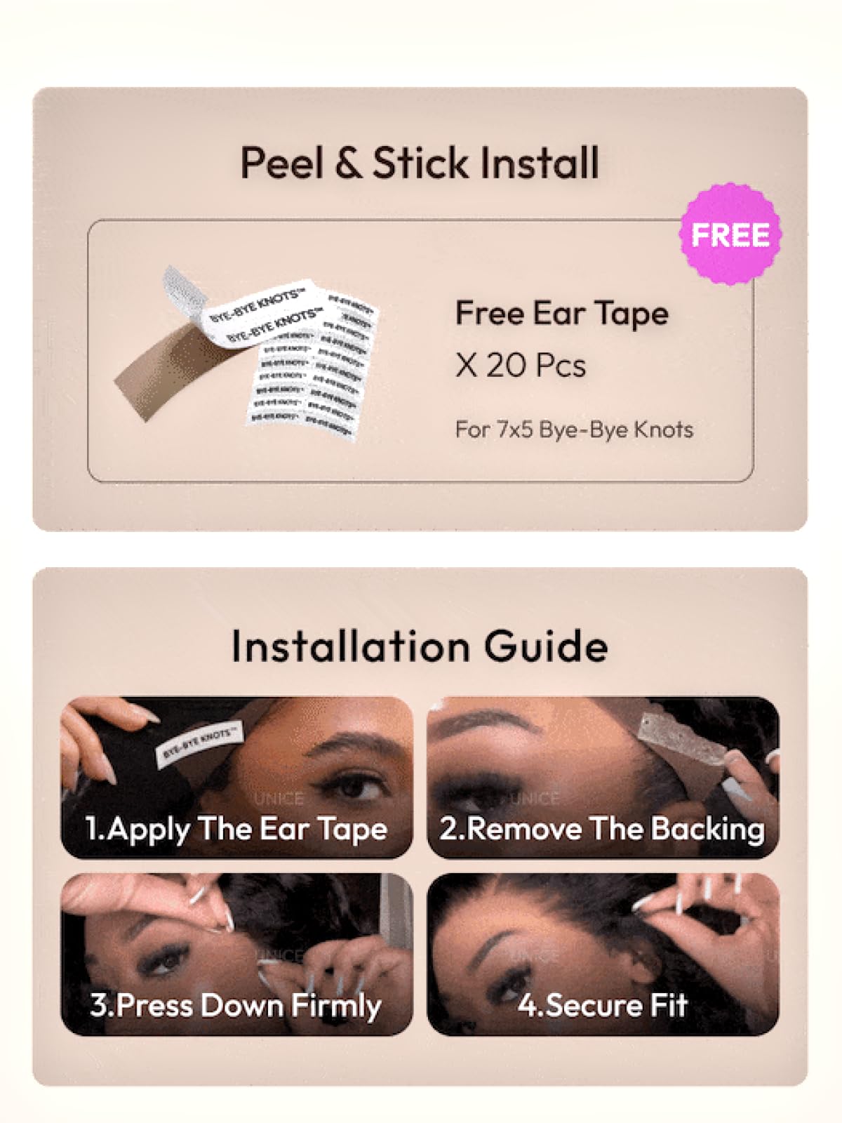 UNICE wig care quick-setup image showing easy daily wear