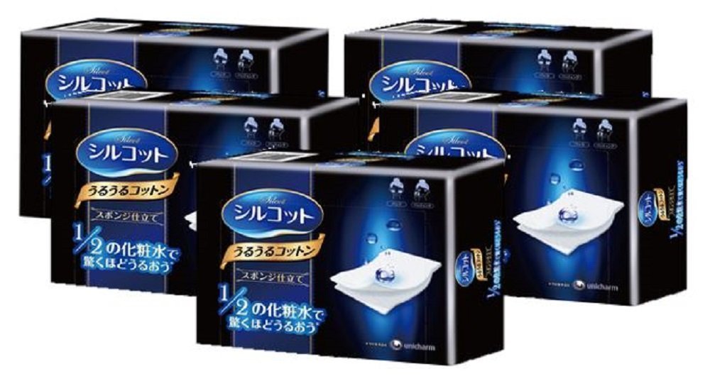 Unicharm Silcot Uruuru sponge facial cotton 40 sheets 5-pack for gentle makeup removal and skincare.