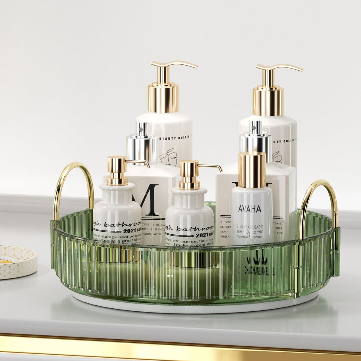 UNICOMVSX rotating makeup organizer on vanity displaying clear organization