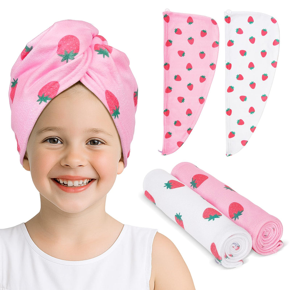 Unicorn Castle microfiber hair towel 2-pack in pink strawberry design for kids' bath time.