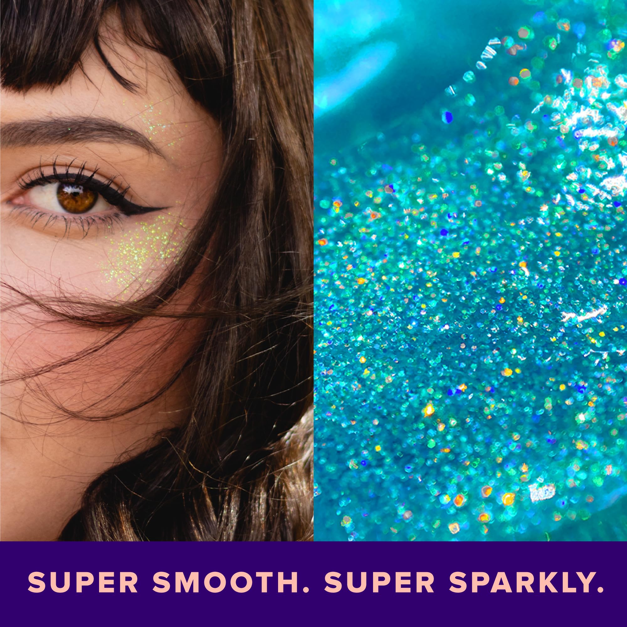 Unicorn Snot eye-area glitter enhances lids with subtle holographic shimmer.