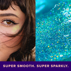 Unicorn Snot eye-area glitter enhances lids with subtle holographic shimmer.
