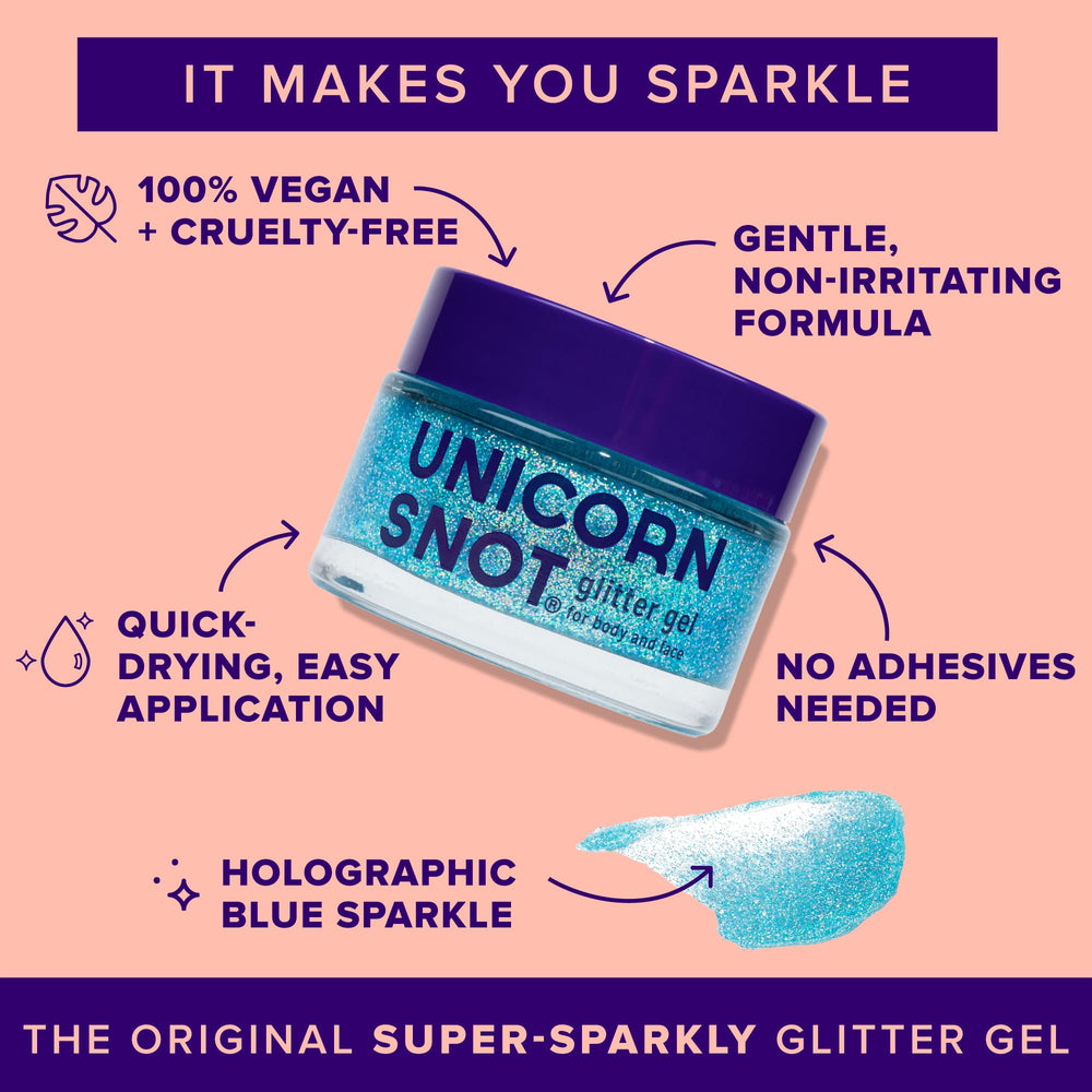 Unicorn Snot face glitter applied to the cheekbone adds radiant sparkle.