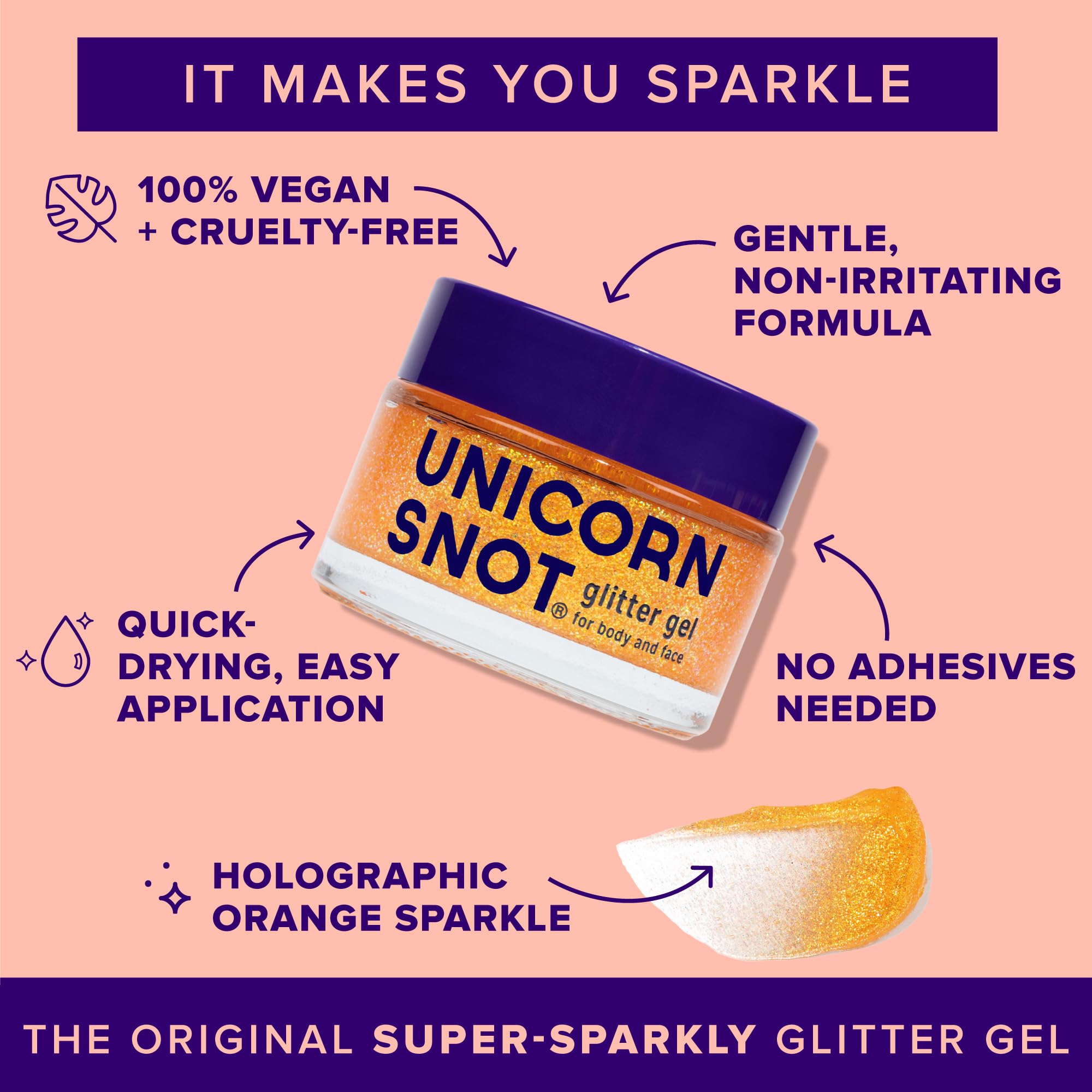 UNICORN SNOT face glitter orange fire applied for bold face sparkle and festival glow