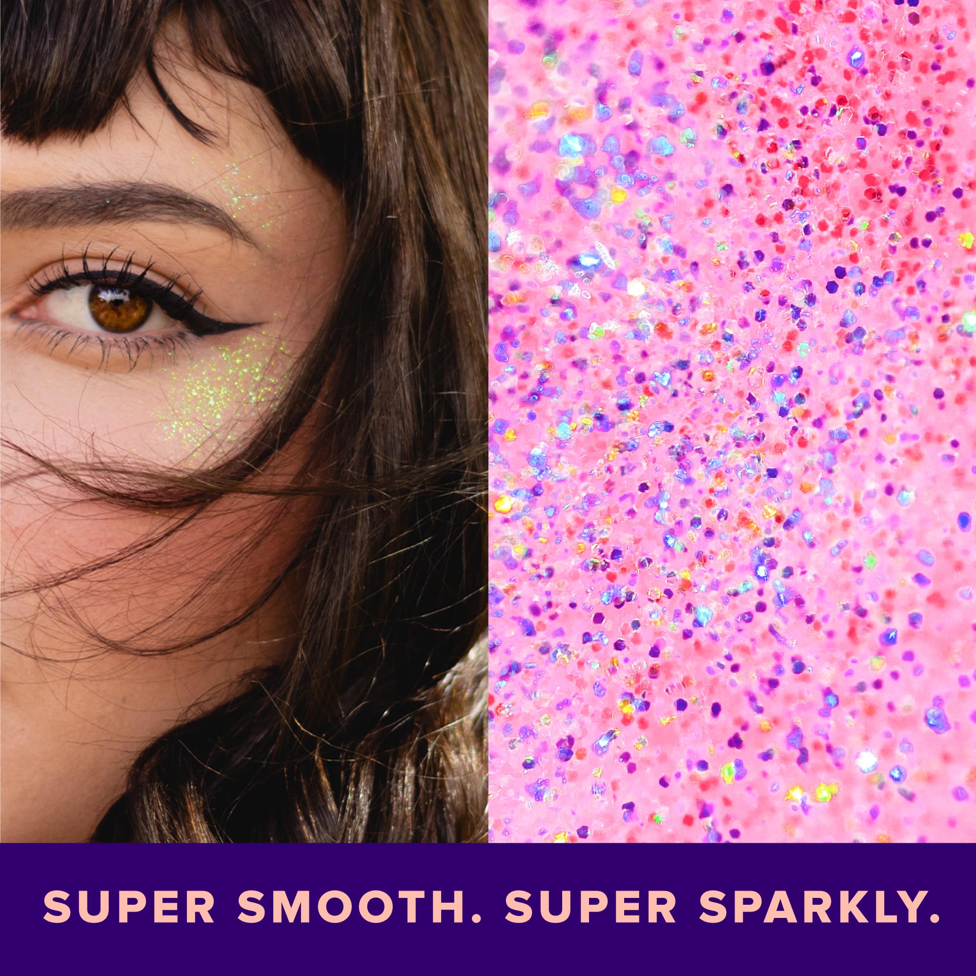 UNICORN SNOT glitter gel on cheek provides high-impact highlight with quick removal.
