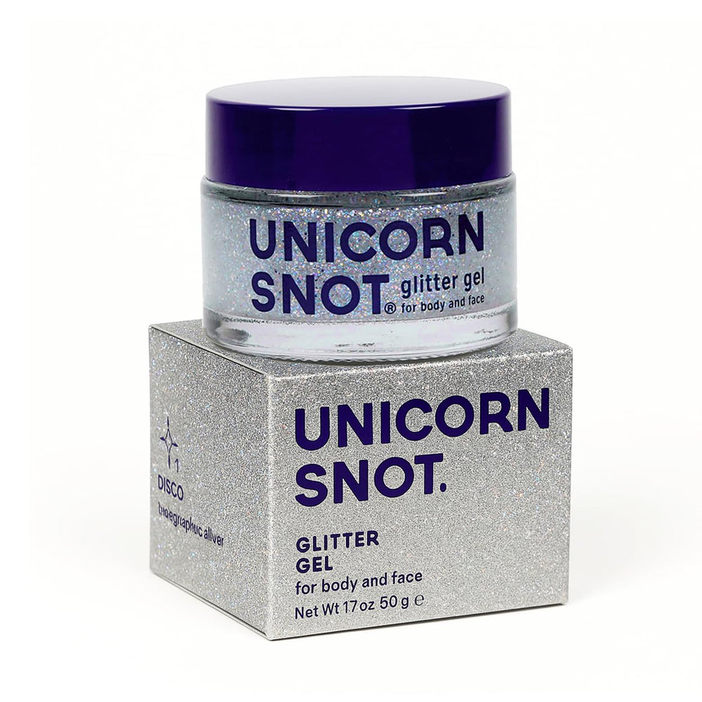 UNICORN SNOT glitter gel disco bottle showing holographic sparkle for face and body