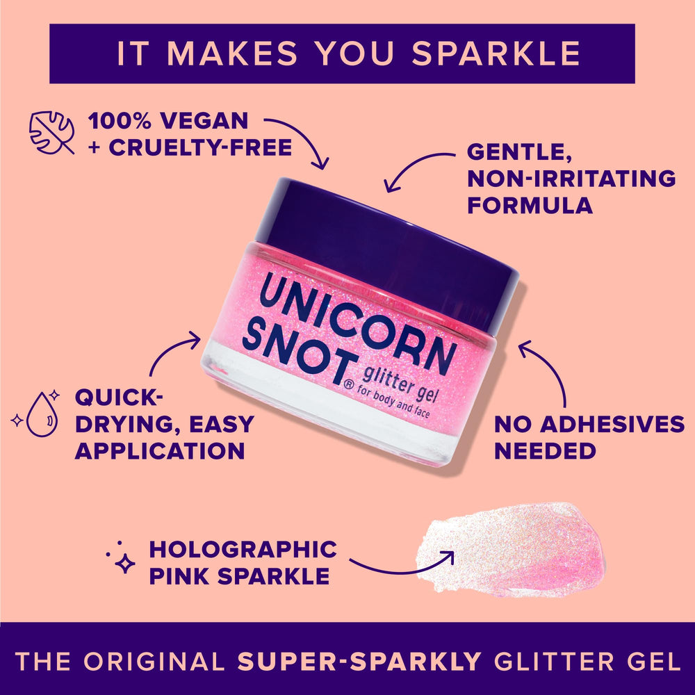 UNICORN SNOT glitter gel on face demonstrates easy application and day-long shimmer.