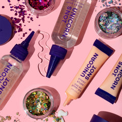 UNICORN SNOT Glitter Glue Primer dries clear for a seamless base.
