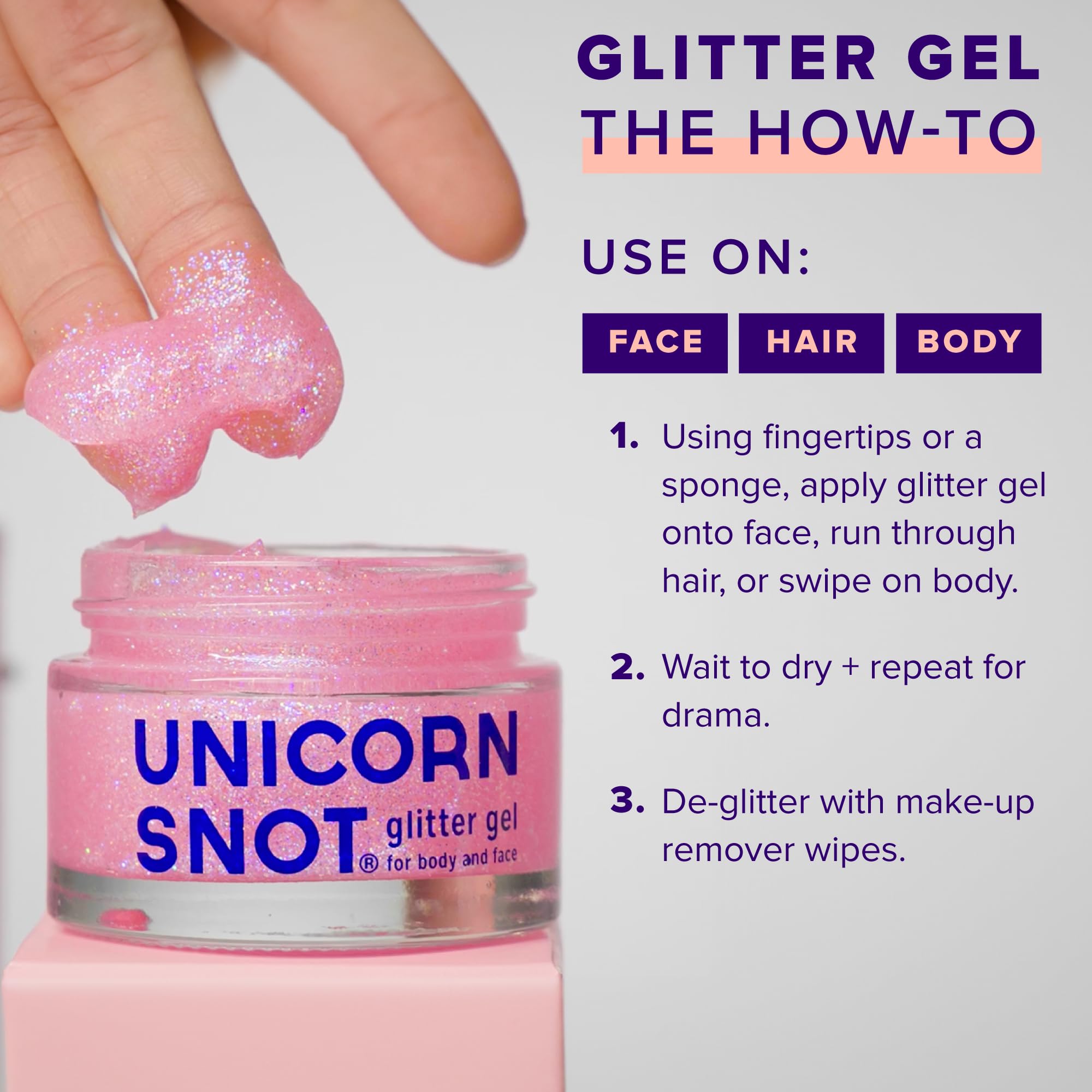 UNICORN SNOT glitter-hair sparkle application adds shimmer to hair and festival looks.