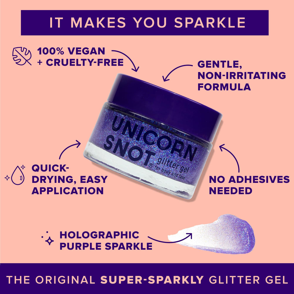 Unicorn Snot glitter on cheek for bold face sparkle.