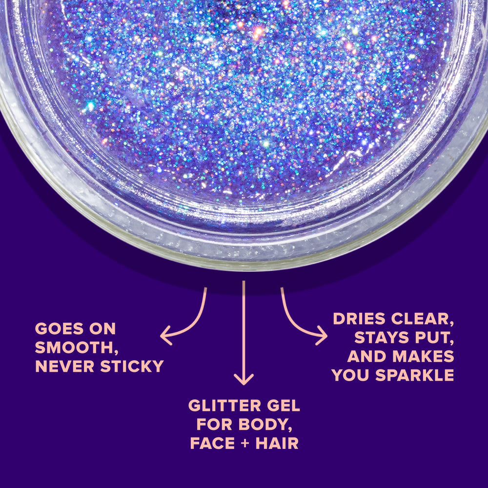 Unicorn Snot glitter on lips and body for luminous glow.