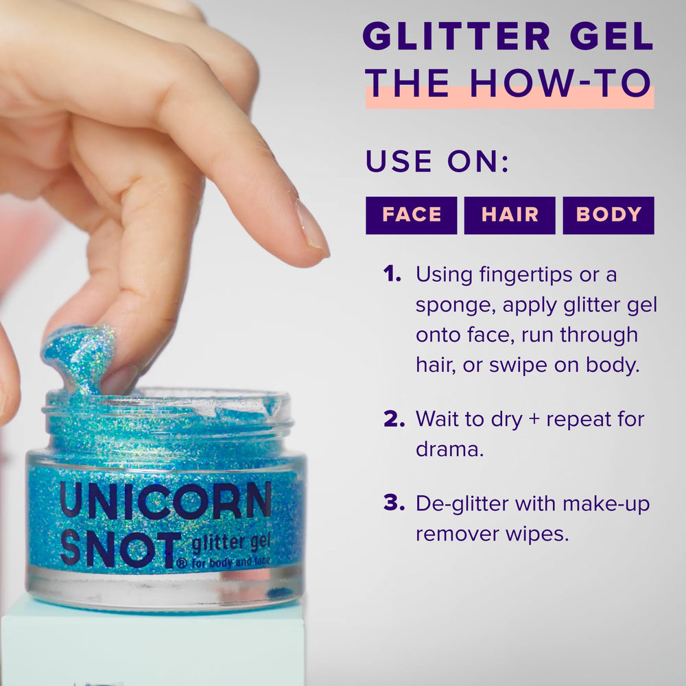 Unicorn Snot hair glitter accent adds luminous strands for a festival look.