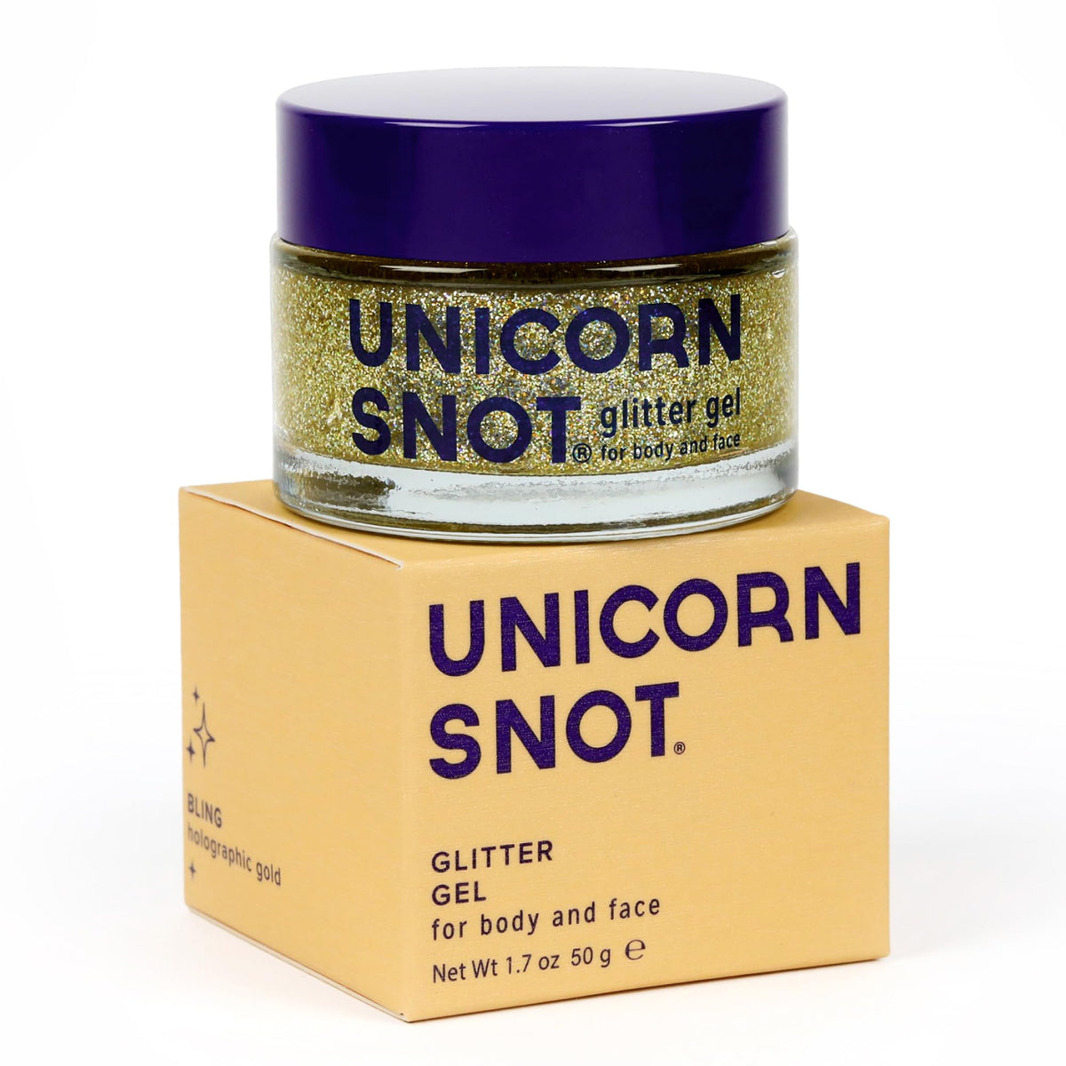 Unicorn Snot glitter gel bottle close-up shows cosmetic-grade sparkle for skin-safe glam.