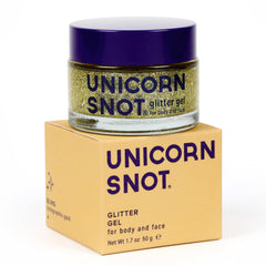 Unicorn Snot glitter gel bottle close-up shows cosmetic-grade sparkle for skin-safe glam.