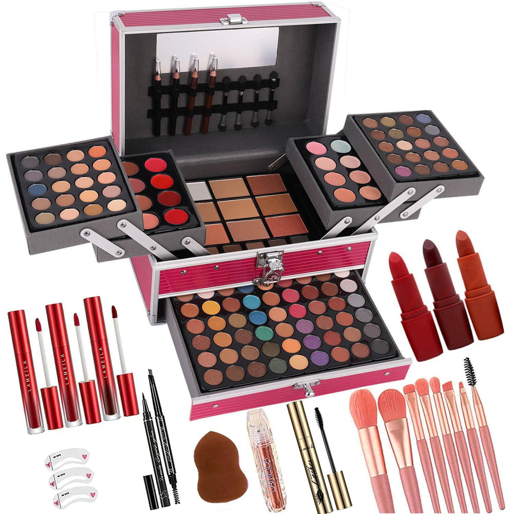UNIFULL 132-color makeup kit pink case opened for versatile daily looks.