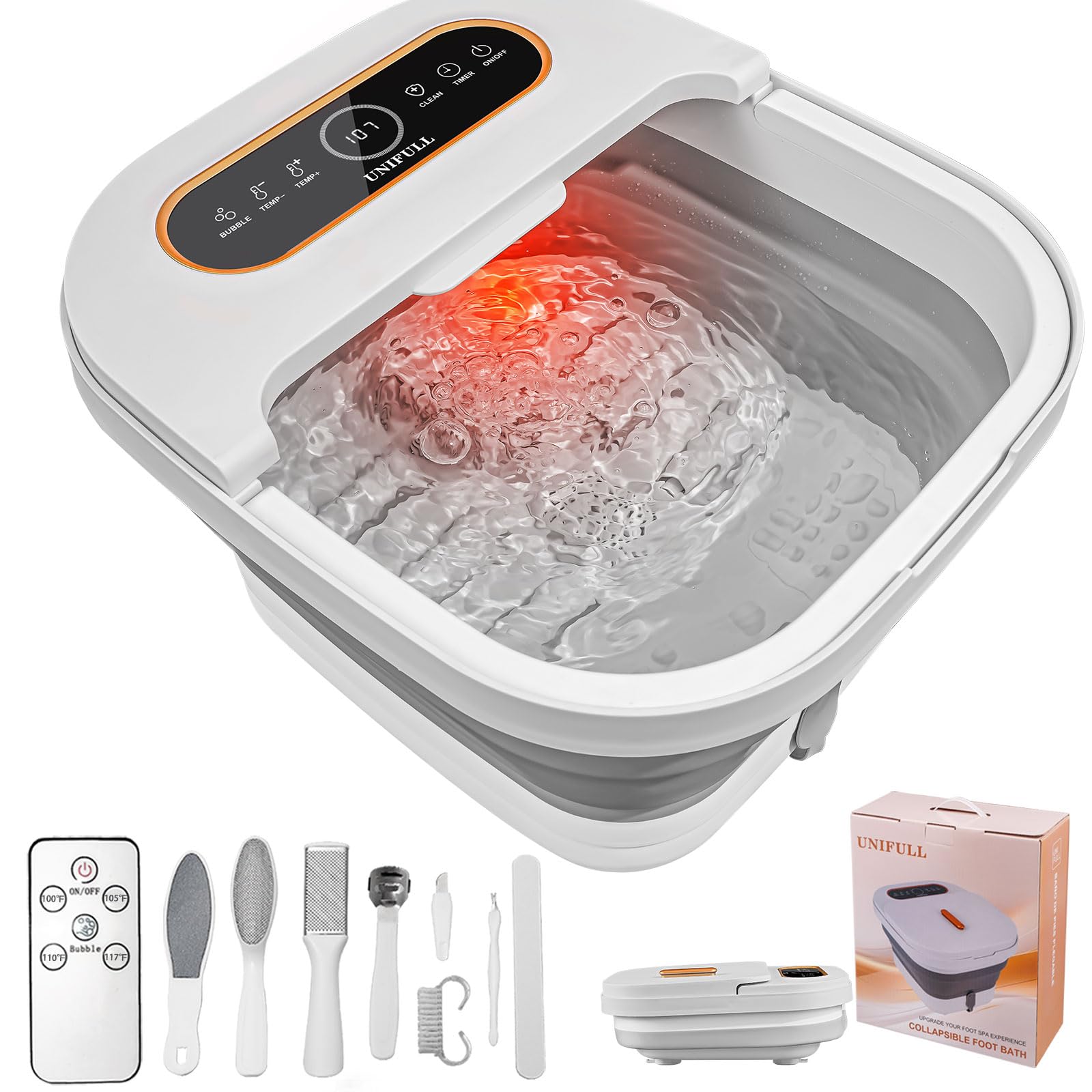 UNIFULL Collapsible Foot Spa Bath with heat shows space-saving storage and quick setup.