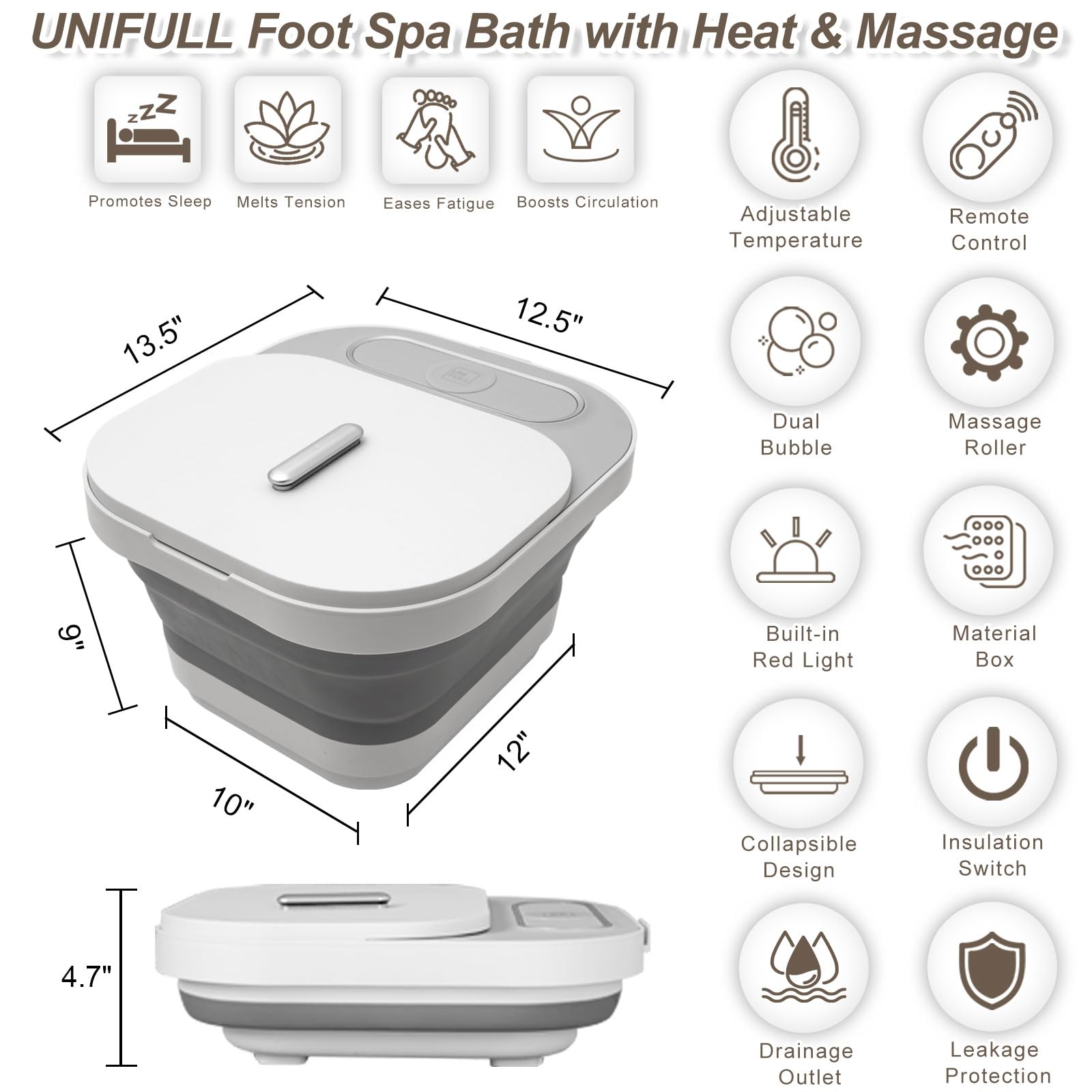 UNIFULL foot spa bubble function image highlights soothing bubbles for enhanced foot relaxation.