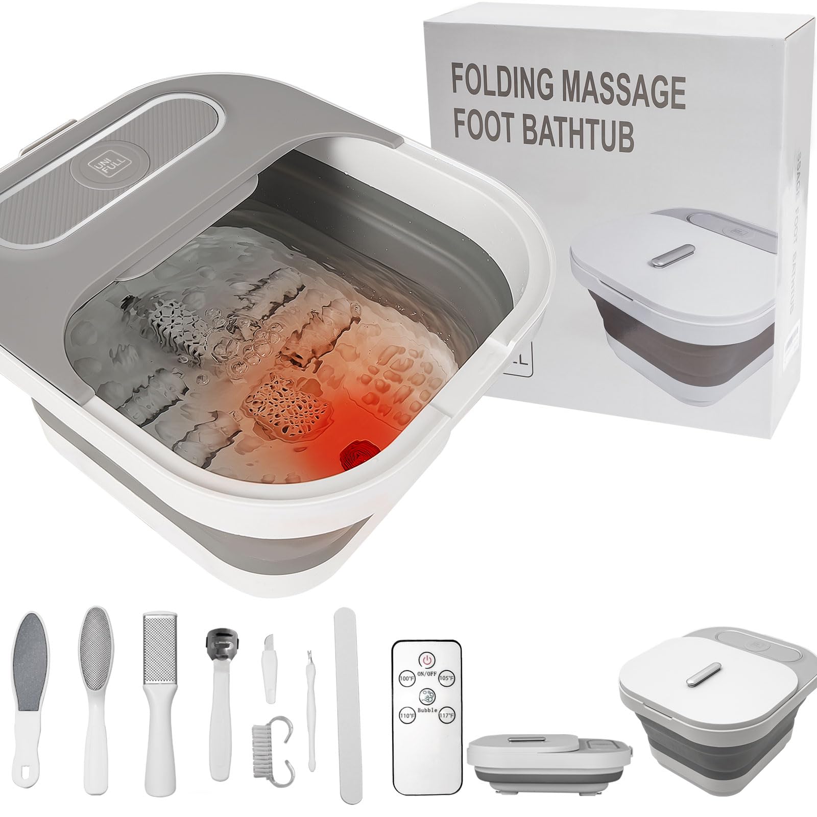 UNIFULL collapsible foot spa with lid heat demonstrates easy storage and warm water relaxation.