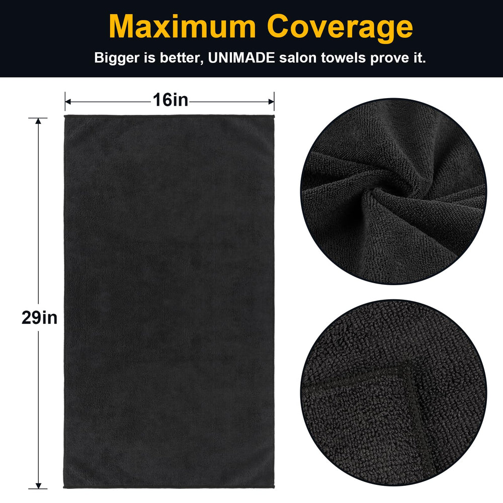 UNIMADE salon towels 24pack microfiber absorbent speeds dry time.