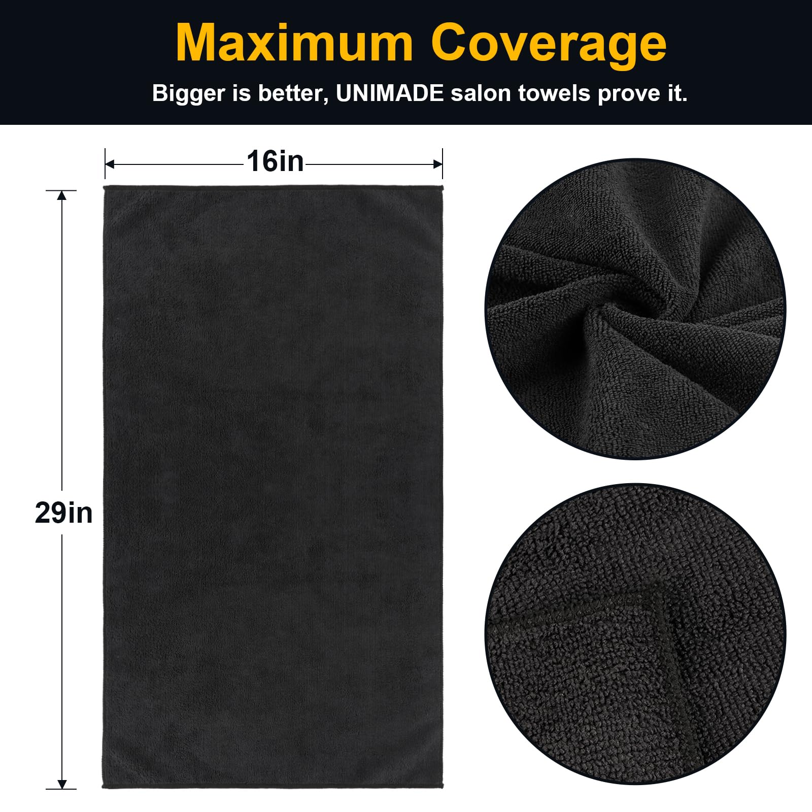 UNIMADE salon towels wide 16x29 inches provide ample coverage during services.
