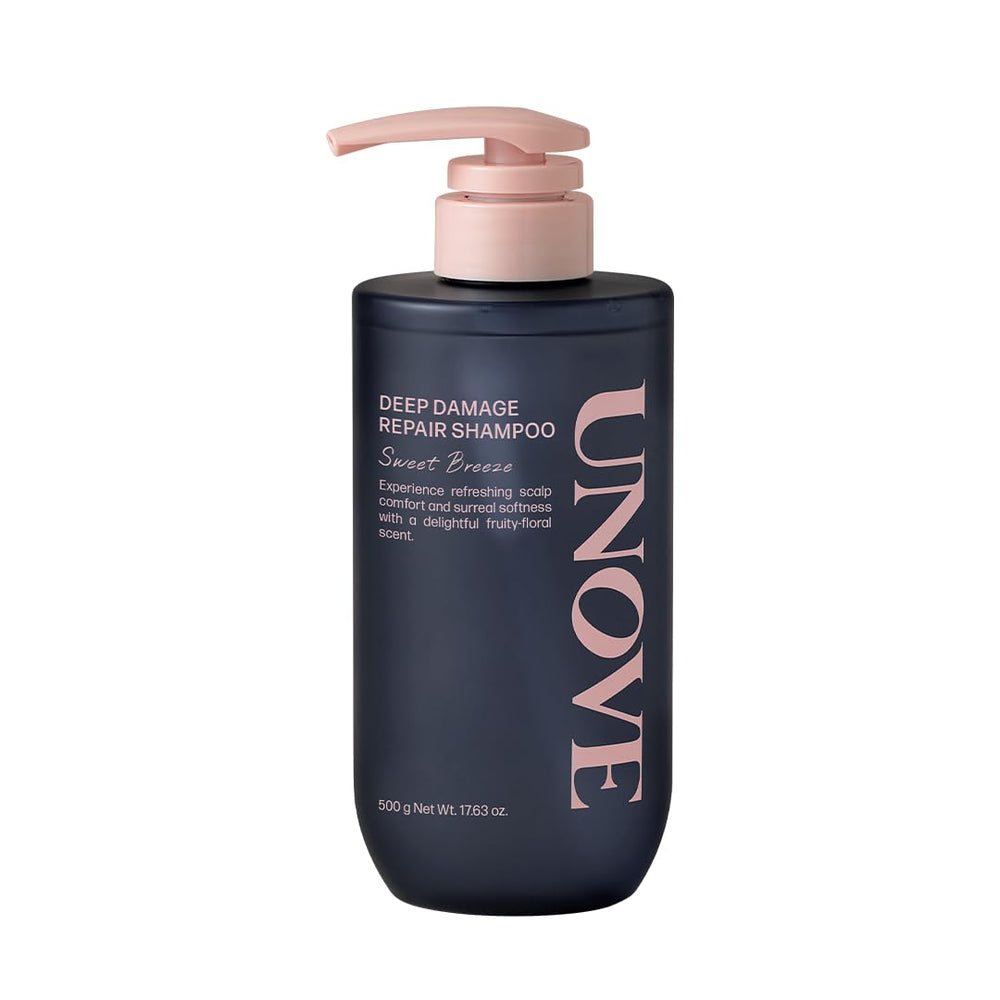 UNOVE Deep Damage Repair Shampoo bottle demonstrates premium design for nourishing scalp care.