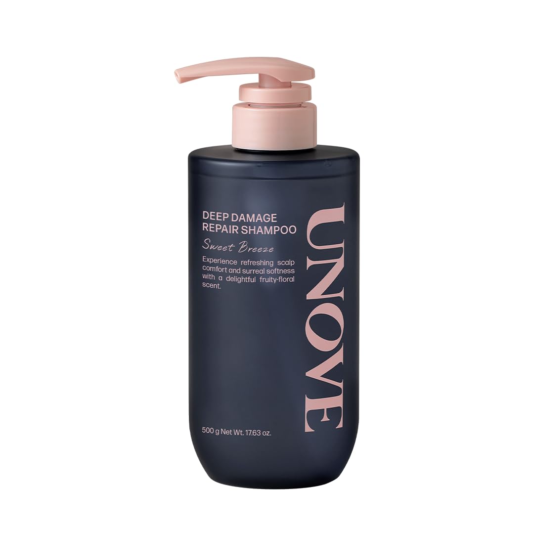 UNOVE Deep Damage Repair Shampoo bottle demonstrates premium design for nourishing scalp care.