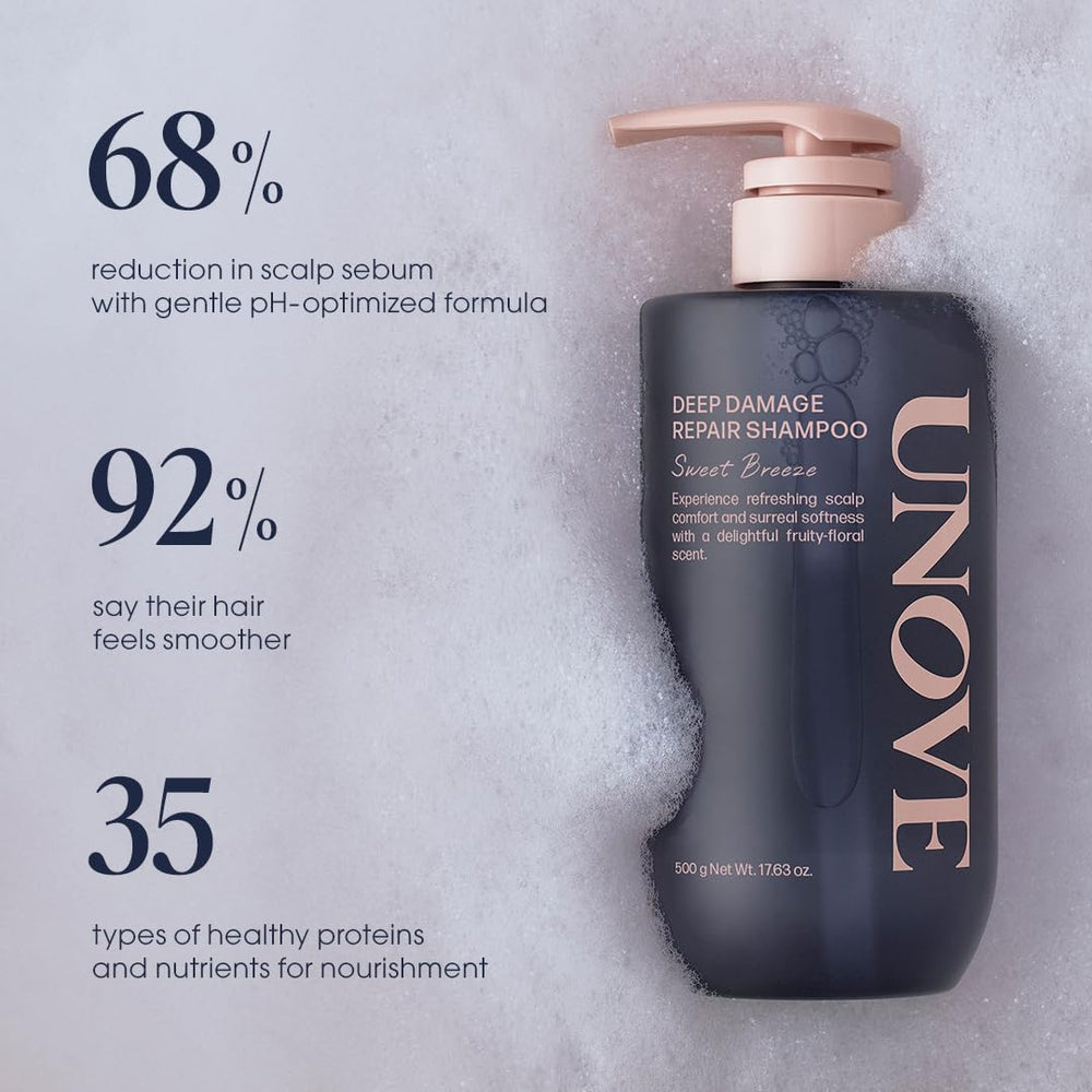UNOVE Deep Damage Repair Shampoo lather showcases rich cleansing without stripping moisture.