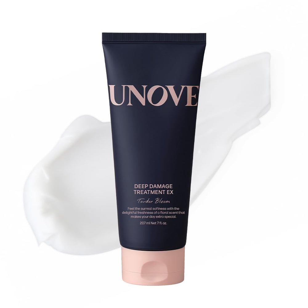 UNOVE Deep Damage Treatment Ex bottle highlights keratin-PF rich formula for damaged hair repair
