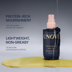 UNOVE Silk Oil Serum application pour shows quick-penetrating nourishment for frizzy strands.