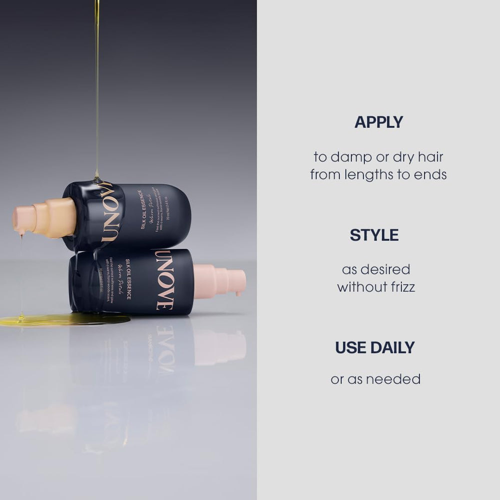UNOVE Silk Oil Serum fragrance notes image evokes fresh floral musk and woody warmth.