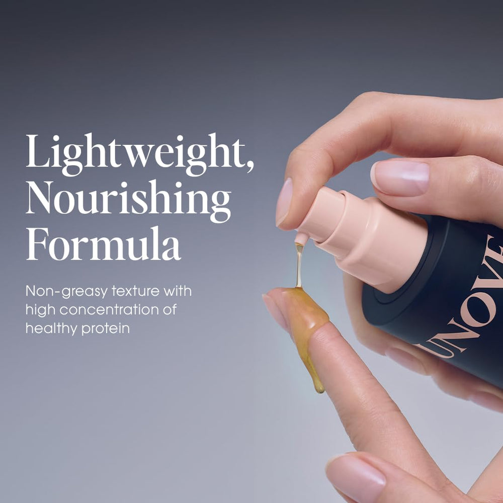 UNOVE Silk Oil Serum hair strands image highlights smooth, non-greasy finish with silk coating.