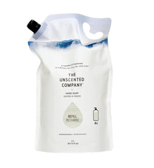 The Unscented Company hand soap refill bag highlighting plastic savings for families.