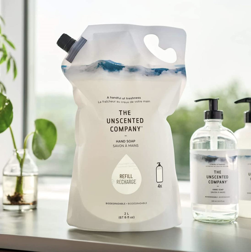 The Unscented Company hand soap refill demonstrates easy dispenser refills and mess-free use.