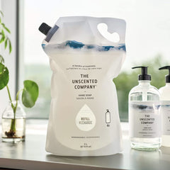 The Unscented Company hand soap refill demonstrates easy dispenser refills and mess-free use.