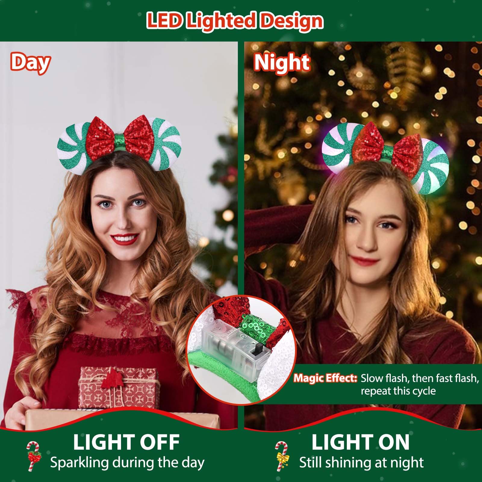 UNSPAZ Christmas Mouse Ears 2pc closeup sequin detail highlighting sparkle and snowflake motifs for festive flair