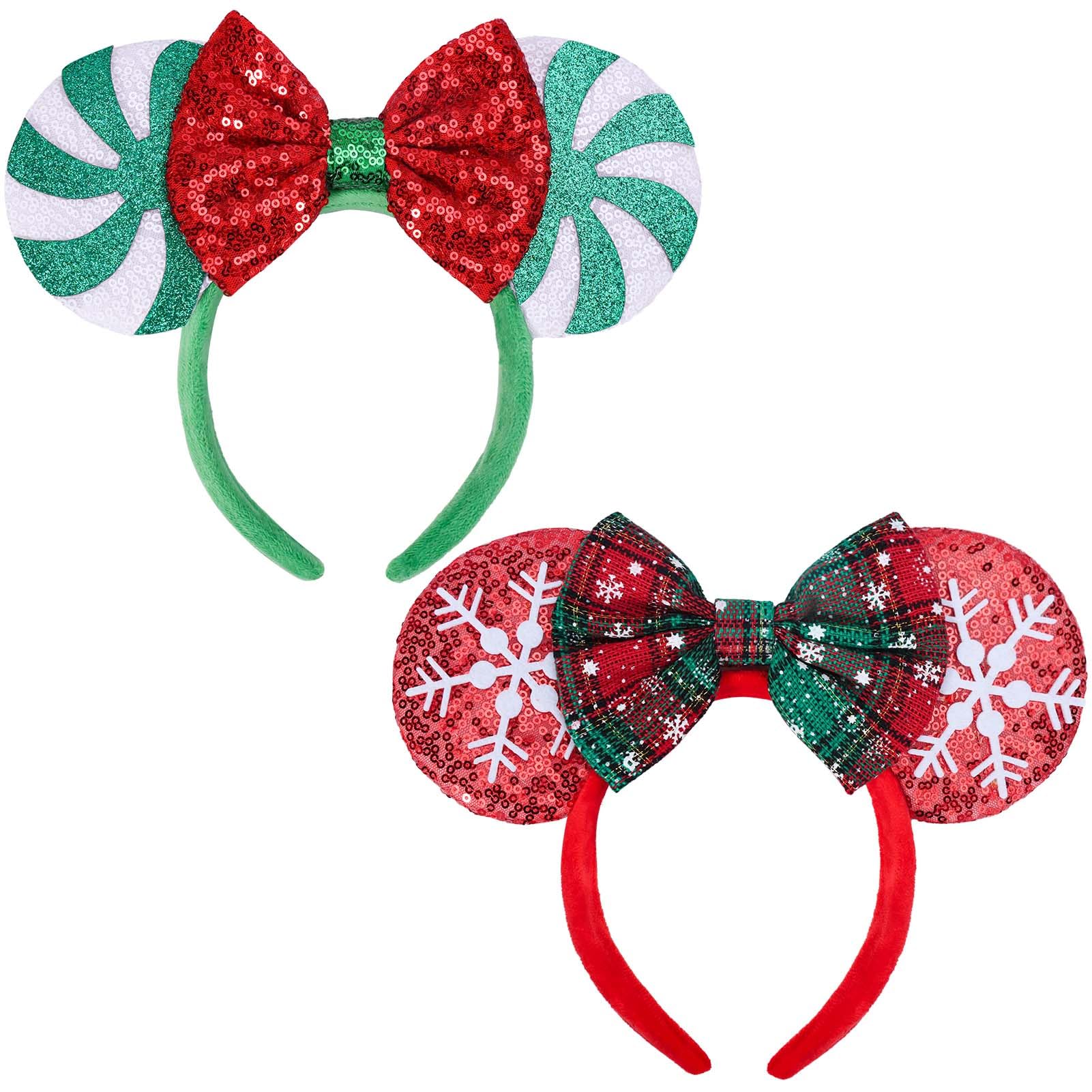 UNSPAZ Christmas Mouse Ears 2pc front view with sequins and festive colors, perfect for party photos