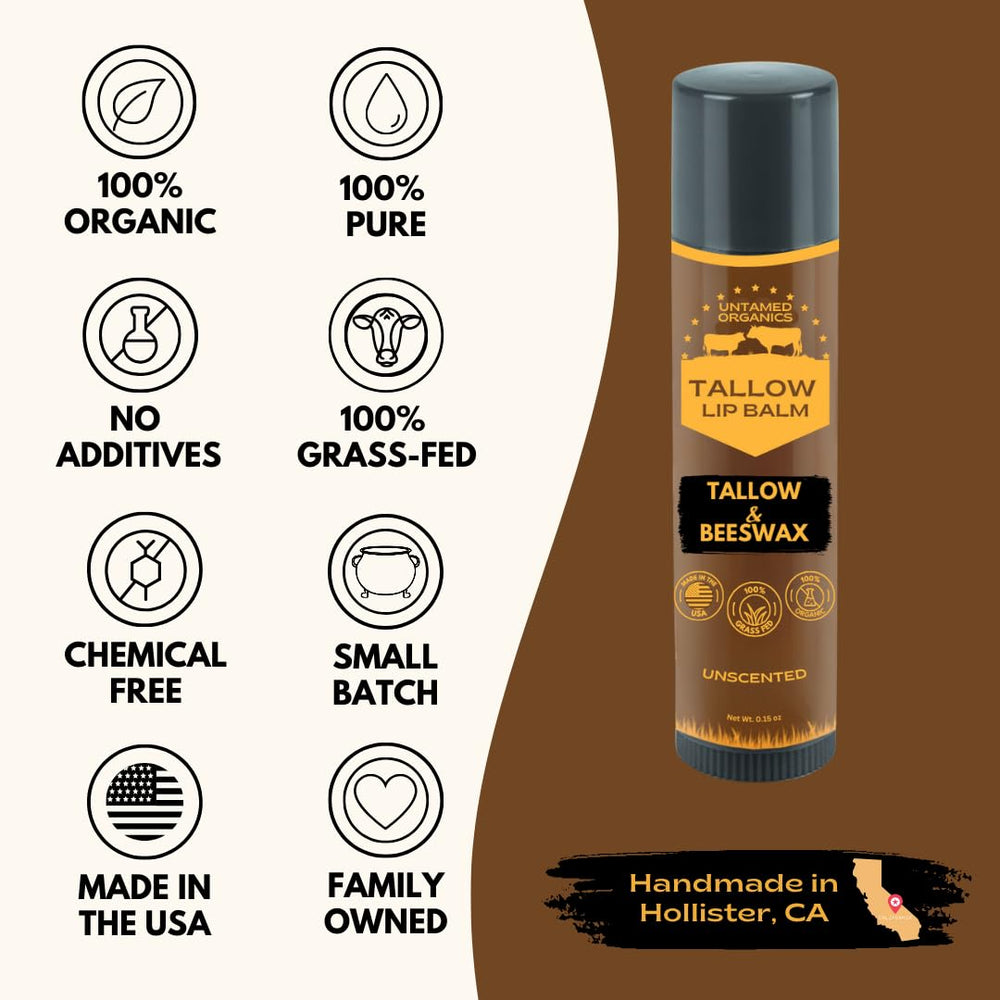 Untamed Organics Pure Tallow Lip Balm hypoallergenic label signals fragrance-free option.