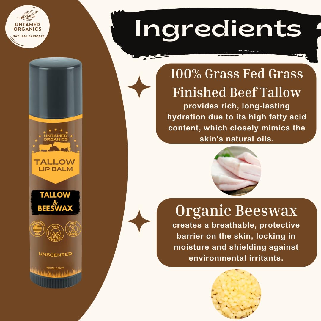 Untamed Organics Pure Tallow Lip Balm ingredients closeup shows two-ingredient formula.