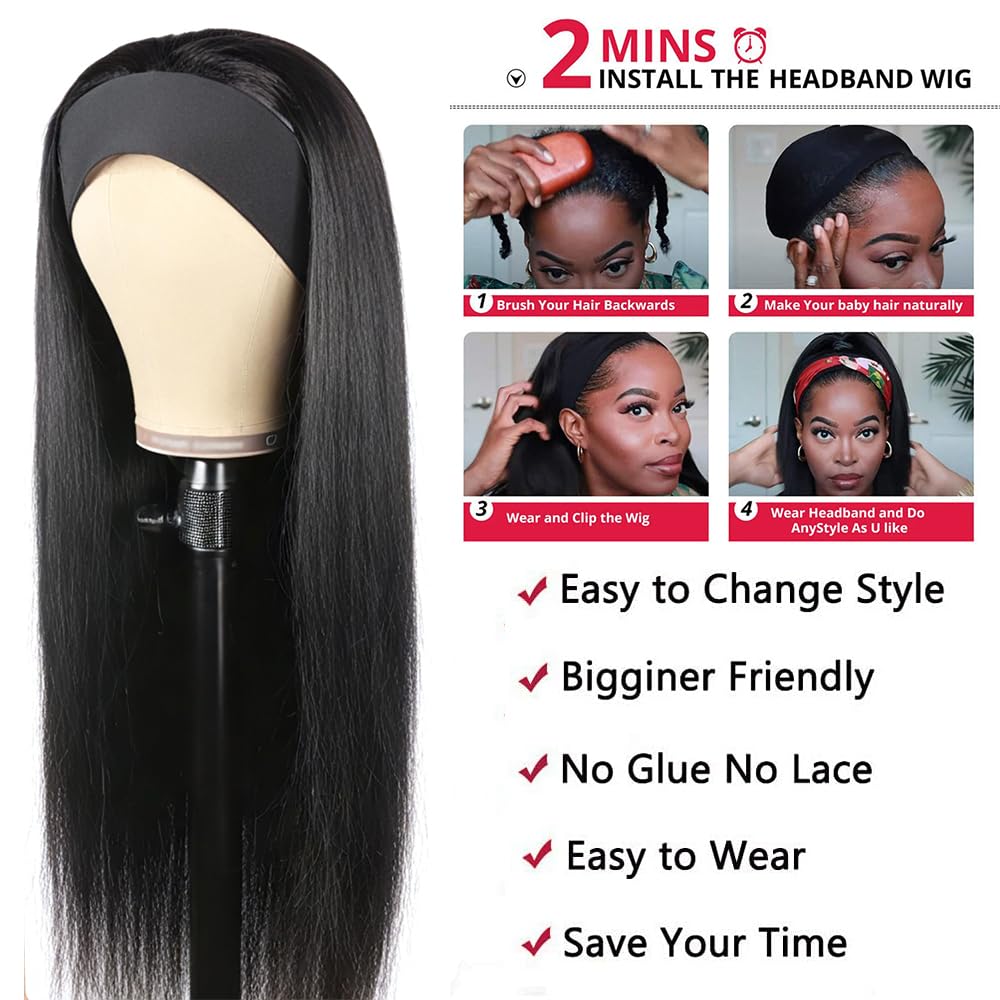 Unvizossa headband wig straight 18in back view reveals seamless hairline illusion
