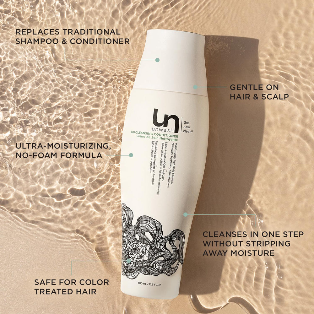 Unwash Bio-Cleansing Conditioner applied to hands for 2-in-1 use