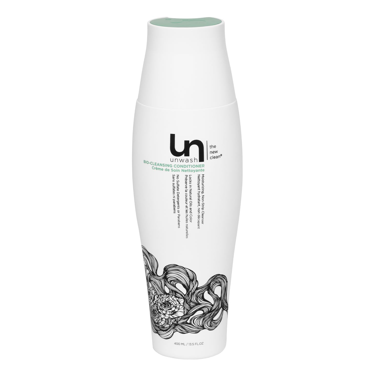 Unwash Bio-Cleansing Conditioner bottle closeup for curly, dry hair care