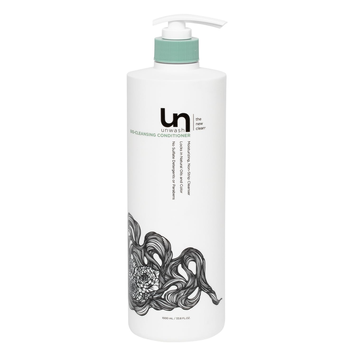 Unwash Bio-Cleansing Conditioner bottle front highlights sulfate-free hydration for curly hair.