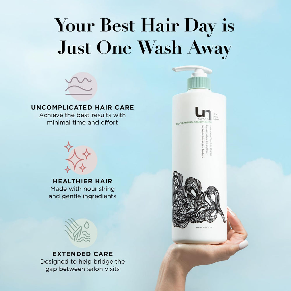 Unwash on bathroom sink showcases color-safe, non-lather cleansing convenience.