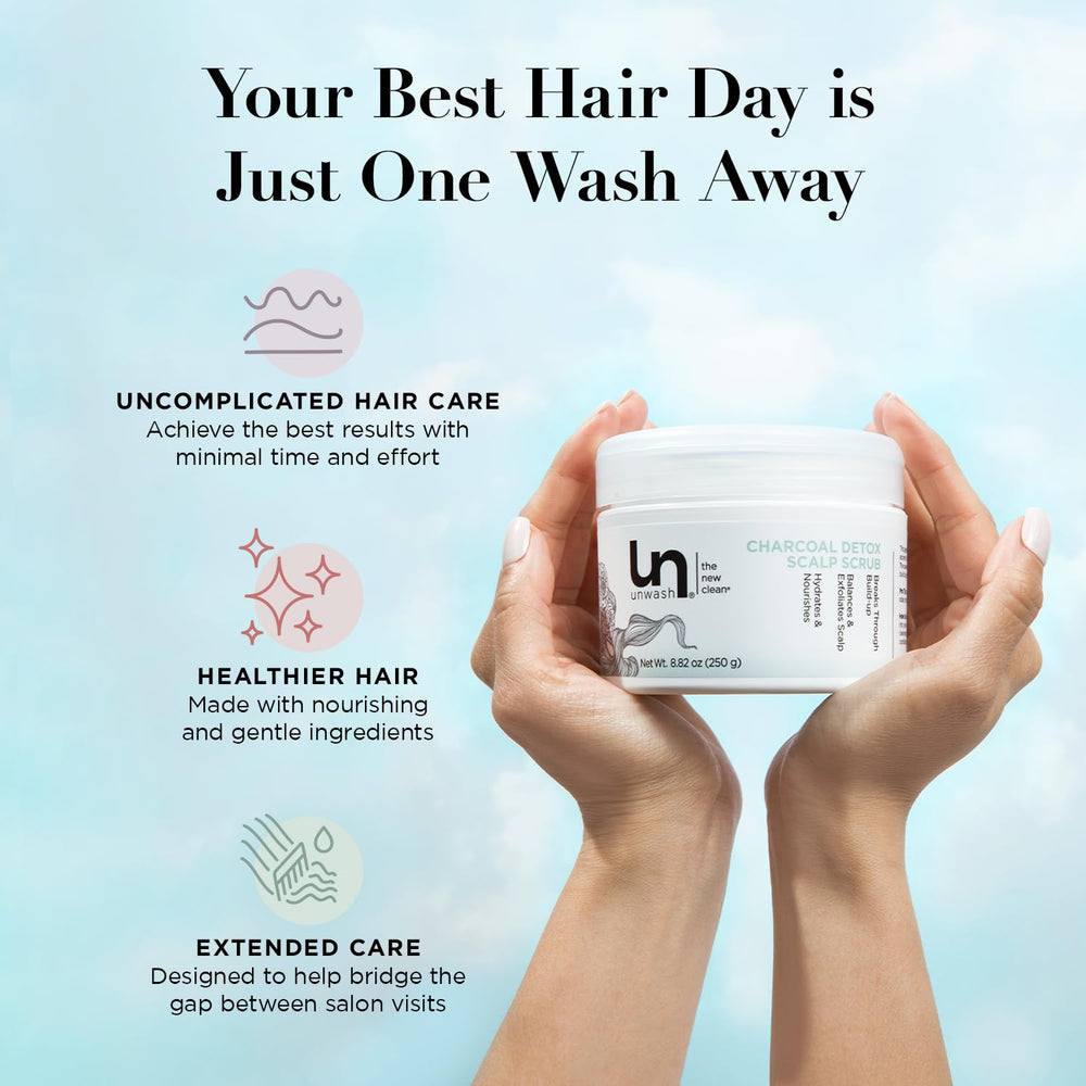Unwash Charcoal Detox Scrub after-use hair appears soft and hydrated.