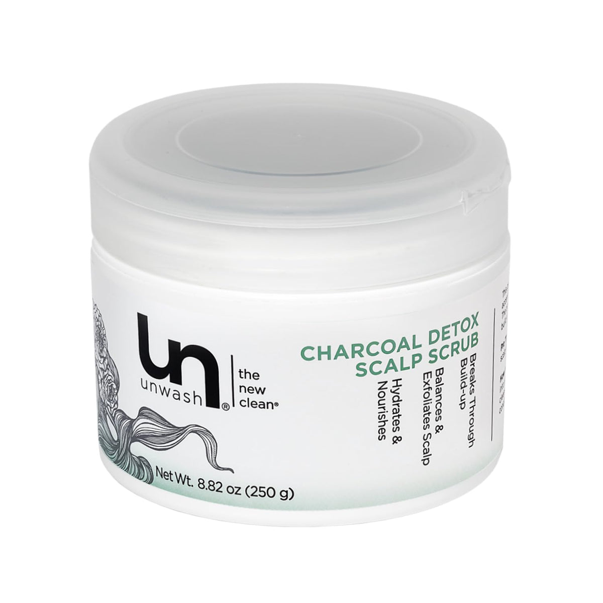 Unwash Charcoal Detox Scrub bottle shows purifying scalp action for a refreshed feel.